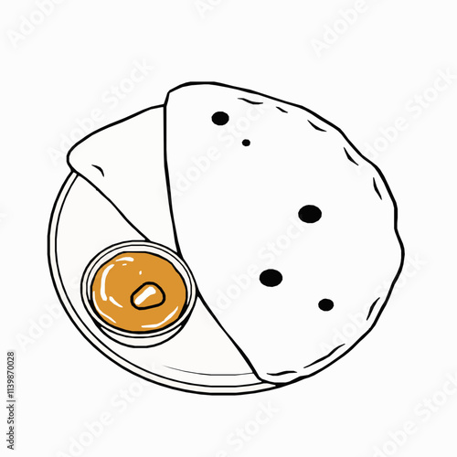 Dosa with Potato Masala and Chutney – Black Outline Vector Illustration