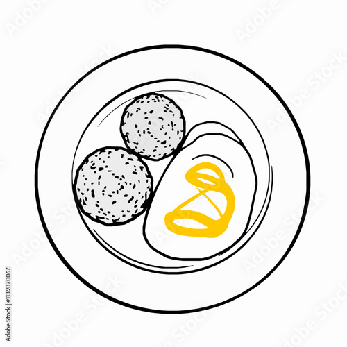 Falafel Ball with Hummus and Tahini – Black Outline Vector Illustration