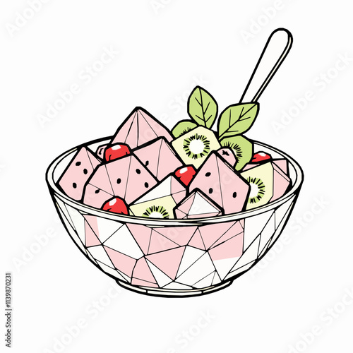 Fresh Fruit Salad with Watermelon and Berries – Black Outline Vector Illustration