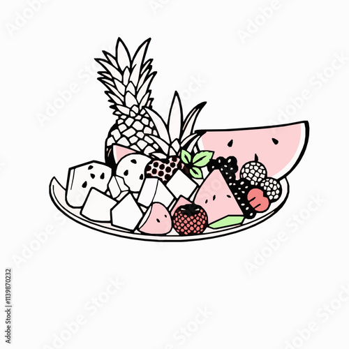 Fresh Fruit Platter with Watermelon and Berries – Black Outline Vector Illustration