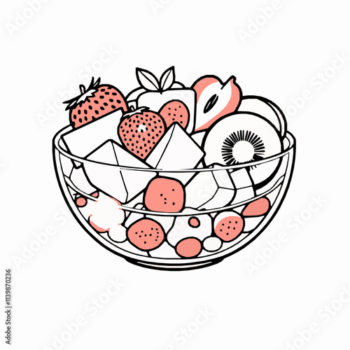 Fresh Fruit Salad with Strawberries and Melon – Black Outline Vector Illustration