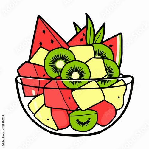 Fresh Fruit Salad with Watermelon and Pineapple – Black Outline Vector Illustration