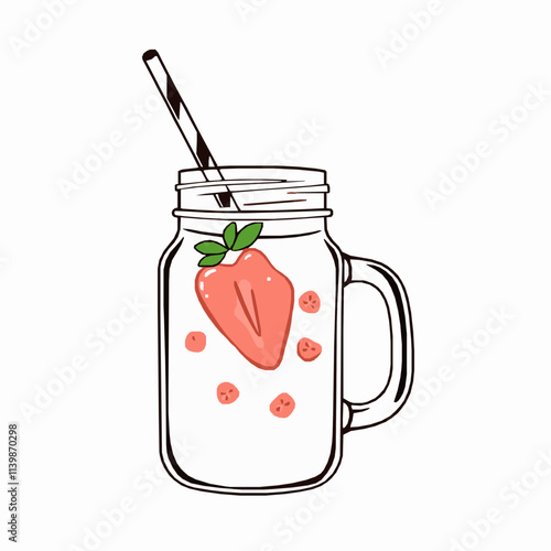 Fresh Fruit Smoothie in Mason Jar – Black Outline Vector Illustration