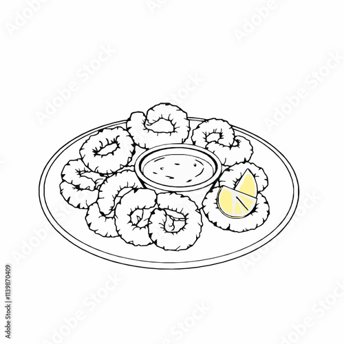 Fried Calamari Rings with Lemon and Aioli – Black Outline Vector Illustration