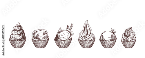 Hand-drawn vintage ice cream scoops in waffle cups sketch illustration