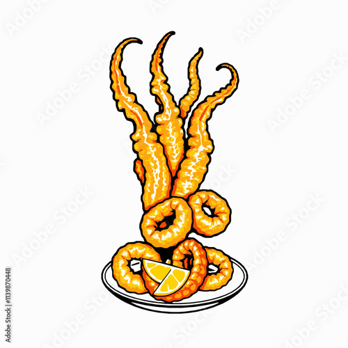 Fried Calamari with Lemon Wedges – Black Outline Vector Illustration