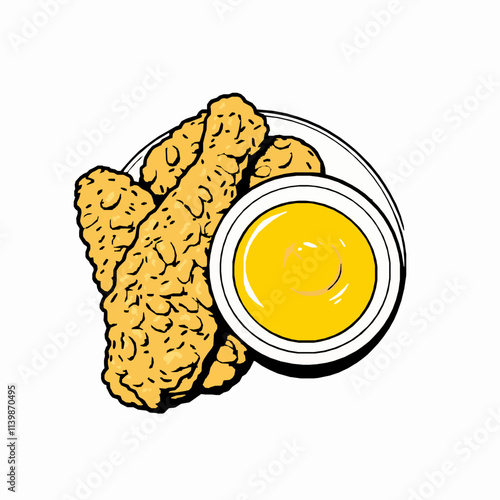 Fried Chicken Tenders with Honey Mustard – Black Outline Vector Illustration