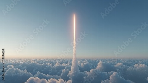 Rocket Launch Against Clear Sky and Soft Clouds at Dawn