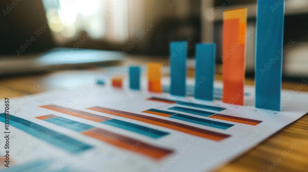Colorful bar graph growing on a printed data sheet illustrates positive business performance and financial success, highlighting the power of data analysis in driving progress and strategy Colorful bar graph growing on a printed data sheet illustrates positive business performance and financial success, highlighting the power of data analysis in driving progress and strategy