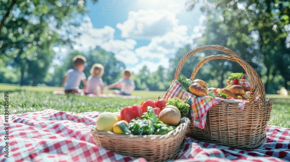 A picturesque family picnic in a sunny park with a picnic blanket, basket full of fresh food, and children playing in the background. The joyful, family-friendly setting celebrates togetherness, A picturesque family picnic in a sunny park with a picnic blanket, basket full of fresh food, and children playing in the background. The joyful, family-friendly setting celebrates togetherness,