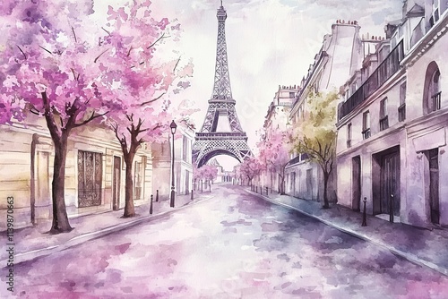 Watercolor Paris street with Eiffel Tower and spring blossom