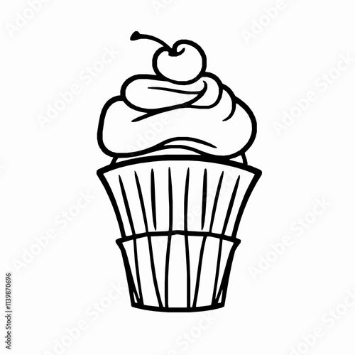 Frosted Cupcake with Cherry – Black Outline Vector Illustration