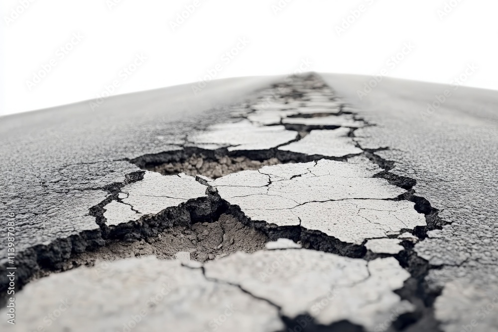 Obraz premium Cracked Asphalt Road with Visible Damage, Showing Signs of Erosion and Deformation Under Harsh Weather Conditions, Depicting Urban Decay and Environmental Impact