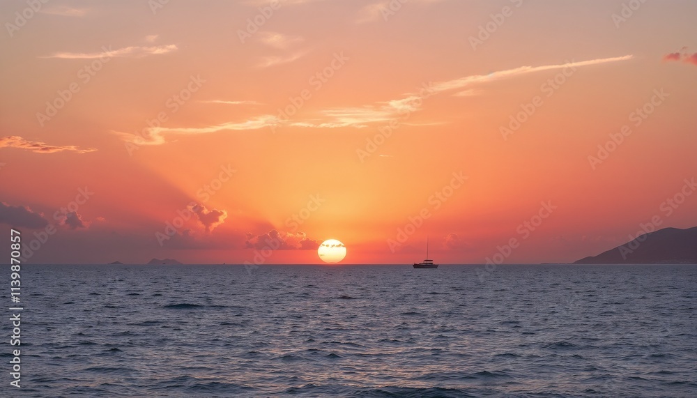 Peaceful ocean sunset with boat silhouette and glowing pink sky.