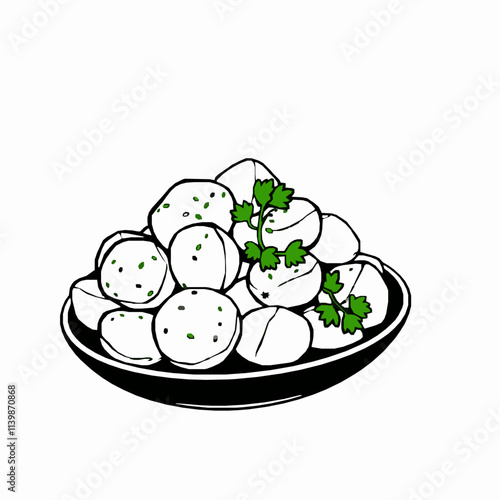 Garlic Roasted Potatoes with Parsley – Black Outline Vector Illustration photo