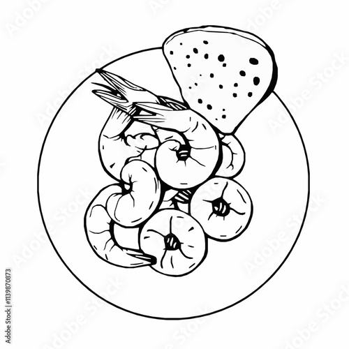 Garlic Shrimp with Crusty Bread – Black Outline Vector Illustration photo