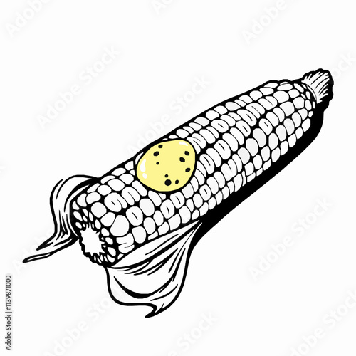 Grilled Corn Cob with Chili Lime Butter – Black Outline Vector Illustration