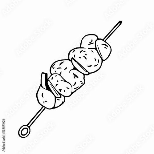 Grilled Chicken Kebab Skewer – Black Outline Vector Illustration
