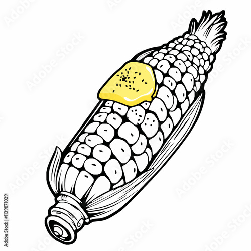 Grilled Corn Cob with Melted Butter – Black Outline Vector Illustration