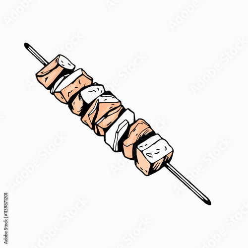 Grilled Skewer with Marinated Meat and Vegetables – Black Outline Vector Illustration