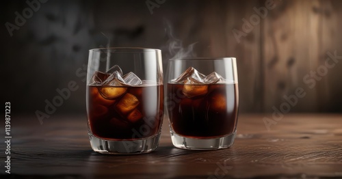 Deep brown spirit rests in a glass, dark wooden surface , wood, brown, vintage