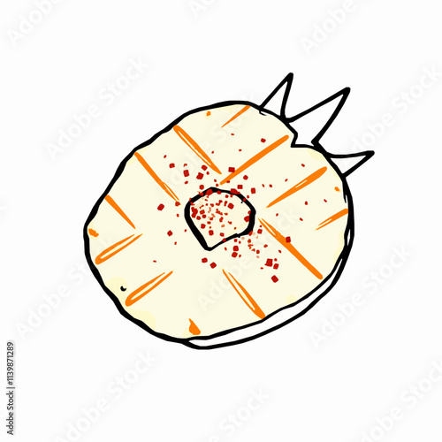 Grilled Pineapple Slice with Chili Powder – Black Outline Vector Illustration