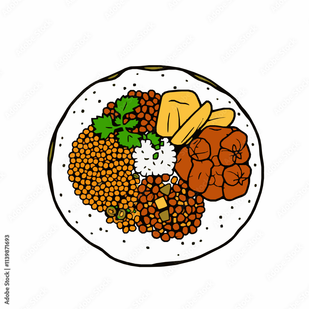 Injera Platter with Lentils and Stews – Black Outline Vector Illustration Injera Platter with Lentils and Stews – Black Outline Vector Illustration