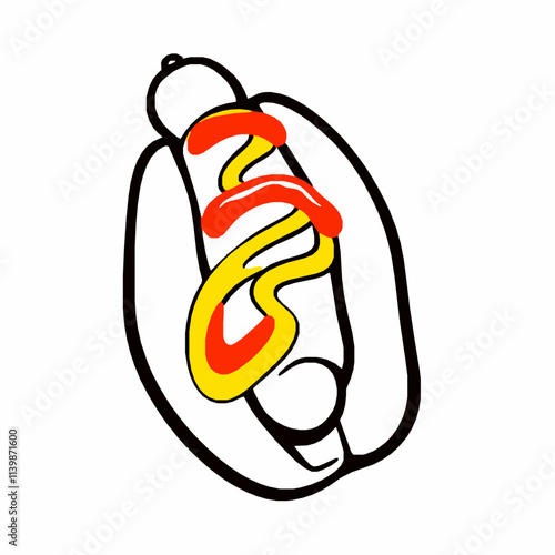 Hot Dog with Mustard and Ketchup – Black Outline Vector Illustration