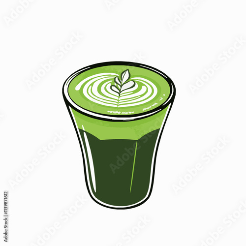 Hot Matcha Latte with Latte Art – Black Outline Vector Illustration