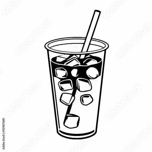 Iced Coffee with Ice Cubes and Straw – Black Outline Vector Illustration