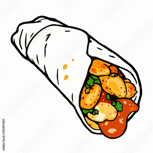 Kathi Roll with Spiced Chicken and Vegetables – Black Outline Vector Illustration