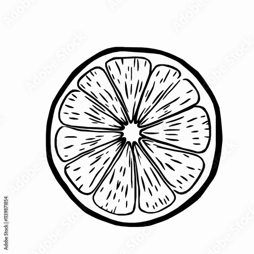 Lemon Slice with Detailed Segments – Black Outline Vector Illustration