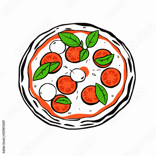 Margherita Pizza with Fresh Basil – Black Outline Vector Illustration