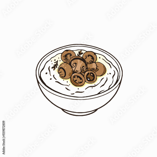 Polenta with Mushrooms and Herbs – Black Outline Vector Illustration