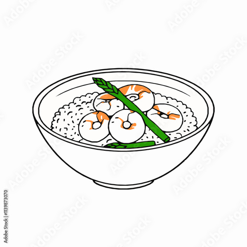 Risotto with Shrimp and Asparagus – Black Outline Vector Illustration