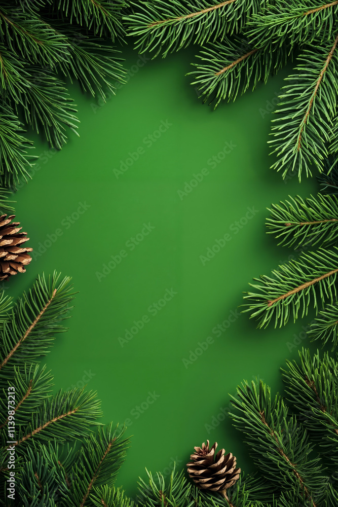 A green background with pine cones and fir branches A green background with pine cones and fir branches