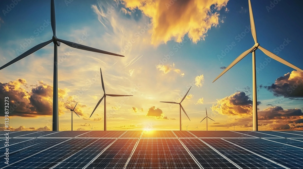Solar panels and wind turbines harness renewable energy under a vibrant sunset. Solar panels and wind turbines harness renewable energy under a vibrant sunset.