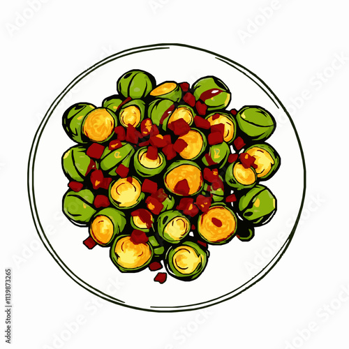 Roasted Brussels Sprouts with Bacon Bits – Black Outline Vector Illustration