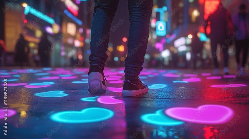 Fototapeta premium a man standing amidst trippy city lights. Neon reflections cast dynamic patterns on the ground