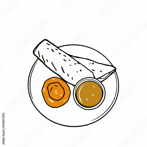 Rolled Dosa with Chutney and Sambar – Black Outline Vector Illustration