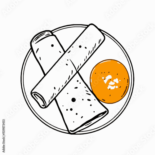 Rolled Dosa with Sambar and Coconut Chutney – Black Outline Vector Illustration