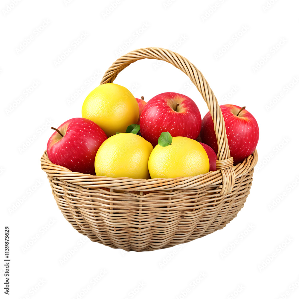 A wicker basket full of fresh fruits apples and lemons on a transparent background. A wicker basket full of fresh fruits apples and lemons on a transparent background.