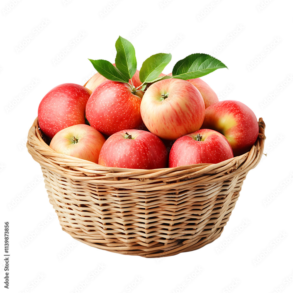 A wicker basket full of fresh fruits apples and lemons on a transparent background. A wicker basket full of fresh fruits apples and lemons on a transparent background.