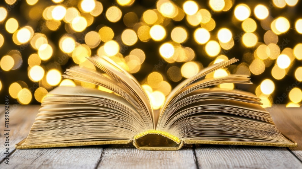 Open Book with Blurred Bokeh Lights in Background at Night Open Book with Blurred Bokeh Lights in Background at Night
