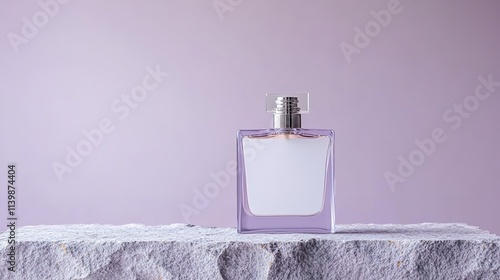 Elegant perfume bottle on rocky surface against purple background