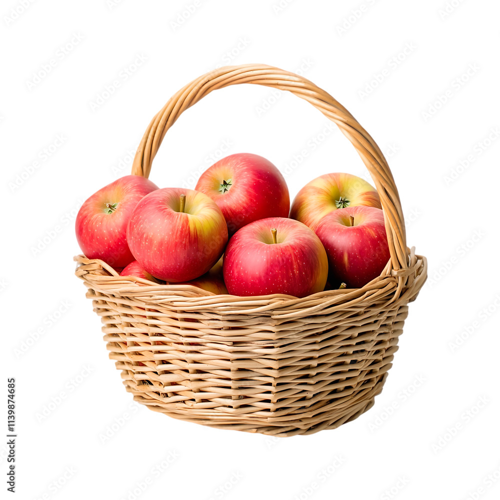 A wicker basket full of fresh fruits apples and lemons on a transparent background. A wicker basket full of fresh fruits apples and lemons on a transparent background.
