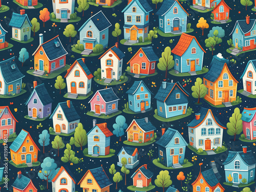Generated pattern illustration of cartoon houses.