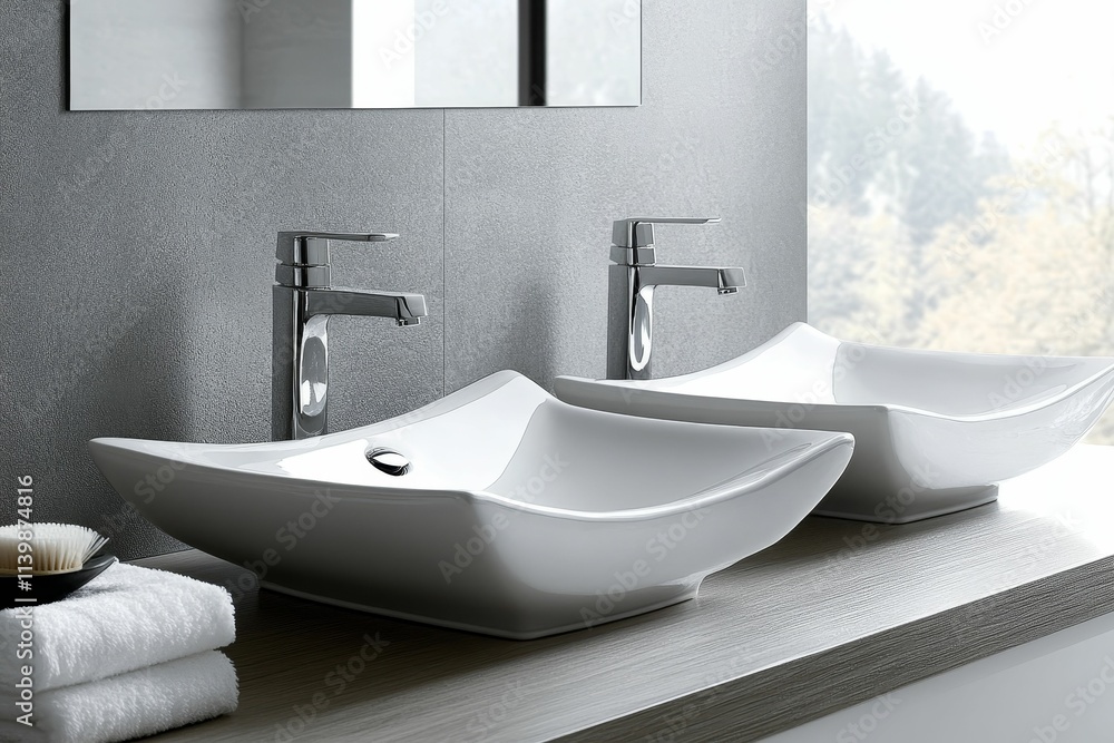 Fototapeta premium Modern double sinks, chrome faucets, textured countertop.
