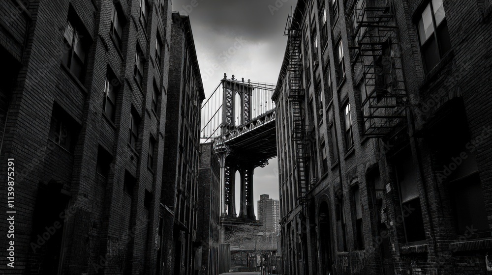 Manhattan Bridge Viewed Through a Dark City Alleyway Manhattan Bridge Viewed Through a Dark City Alleyway