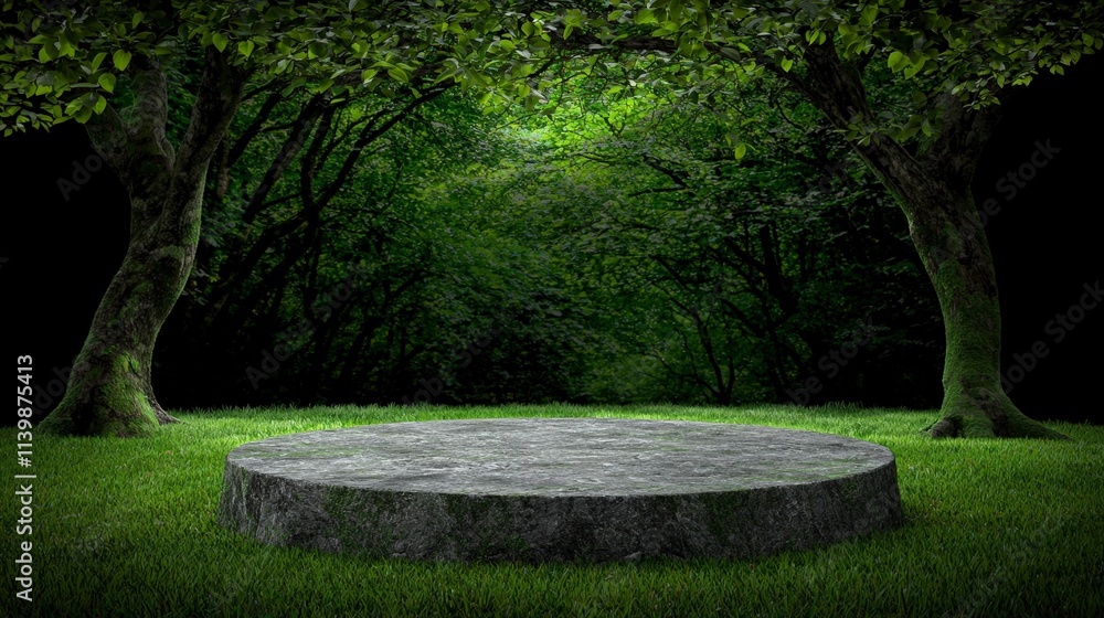 Fototapeta premium Stone Podium in Lush Green Forest Nature Product Display Mockup